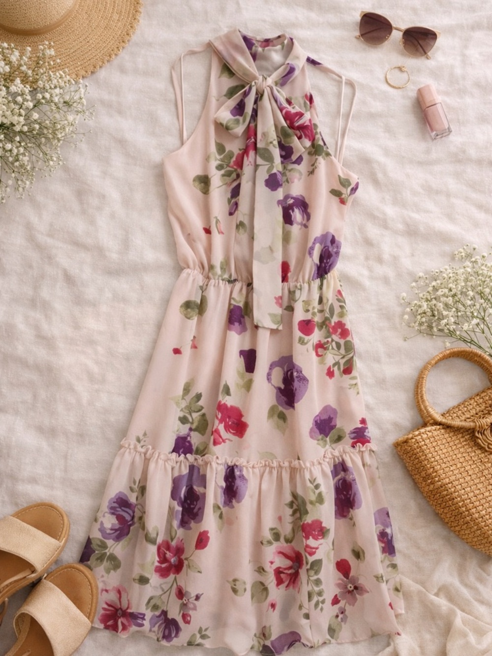 Ralph Lauren Floral Dress Size 8 Feminine Spring Event Tie Neck Reposh EUC